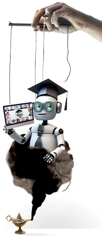 AI-generated marionette wearing a graduation cap