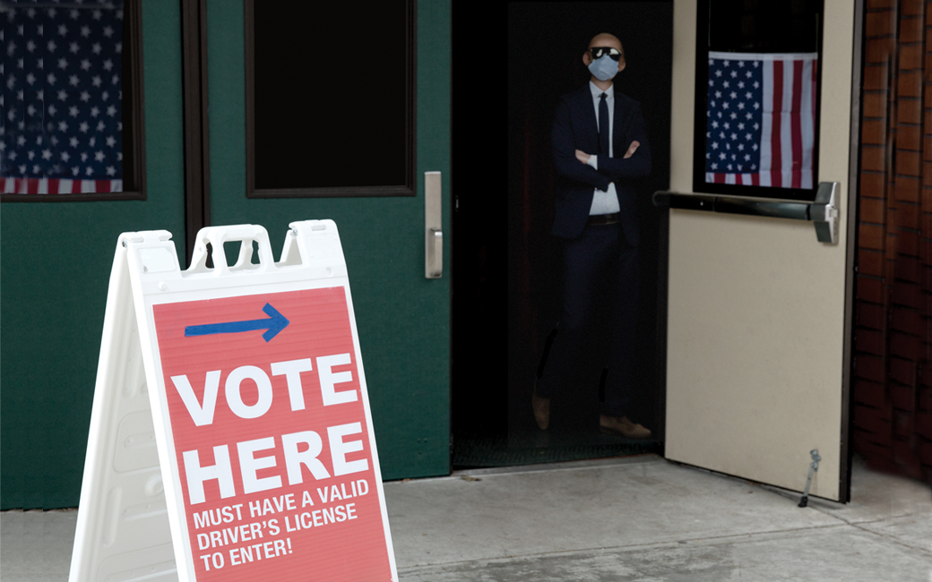 image of a door with a masked person blocking entrance behind the voting placard