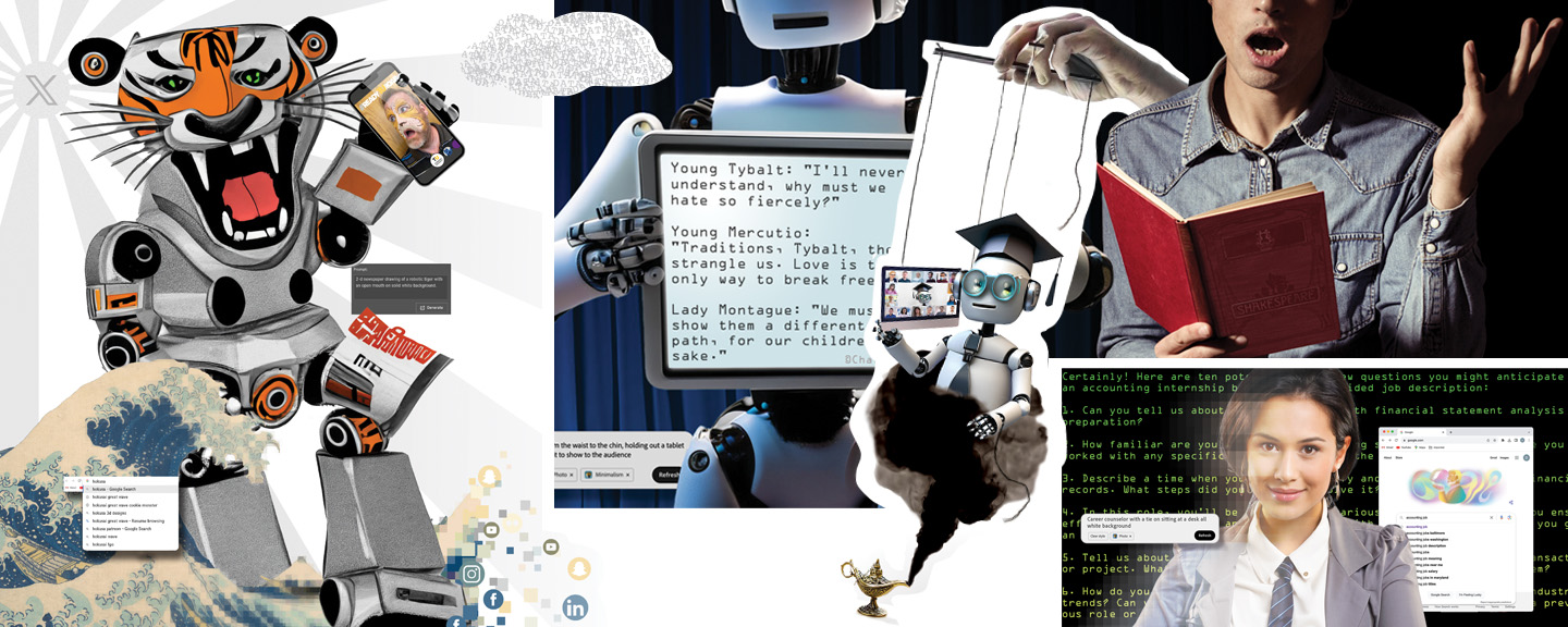 A collage displaying creative interpretations of artificial intelligence in the college community.