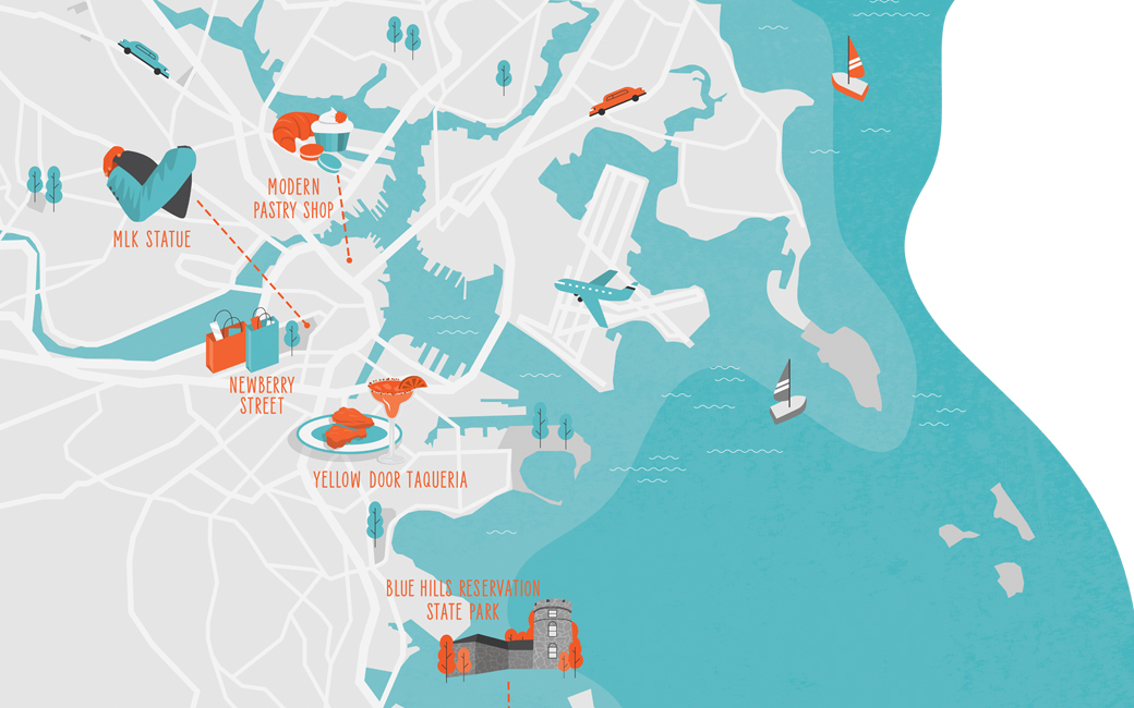 Illustrated map of sites around boston, massachusetts