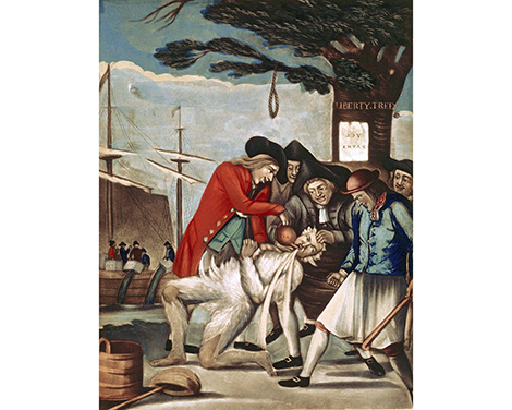 A colonial American print by Phillip Dawe titled "Bostonians paying the excise man."