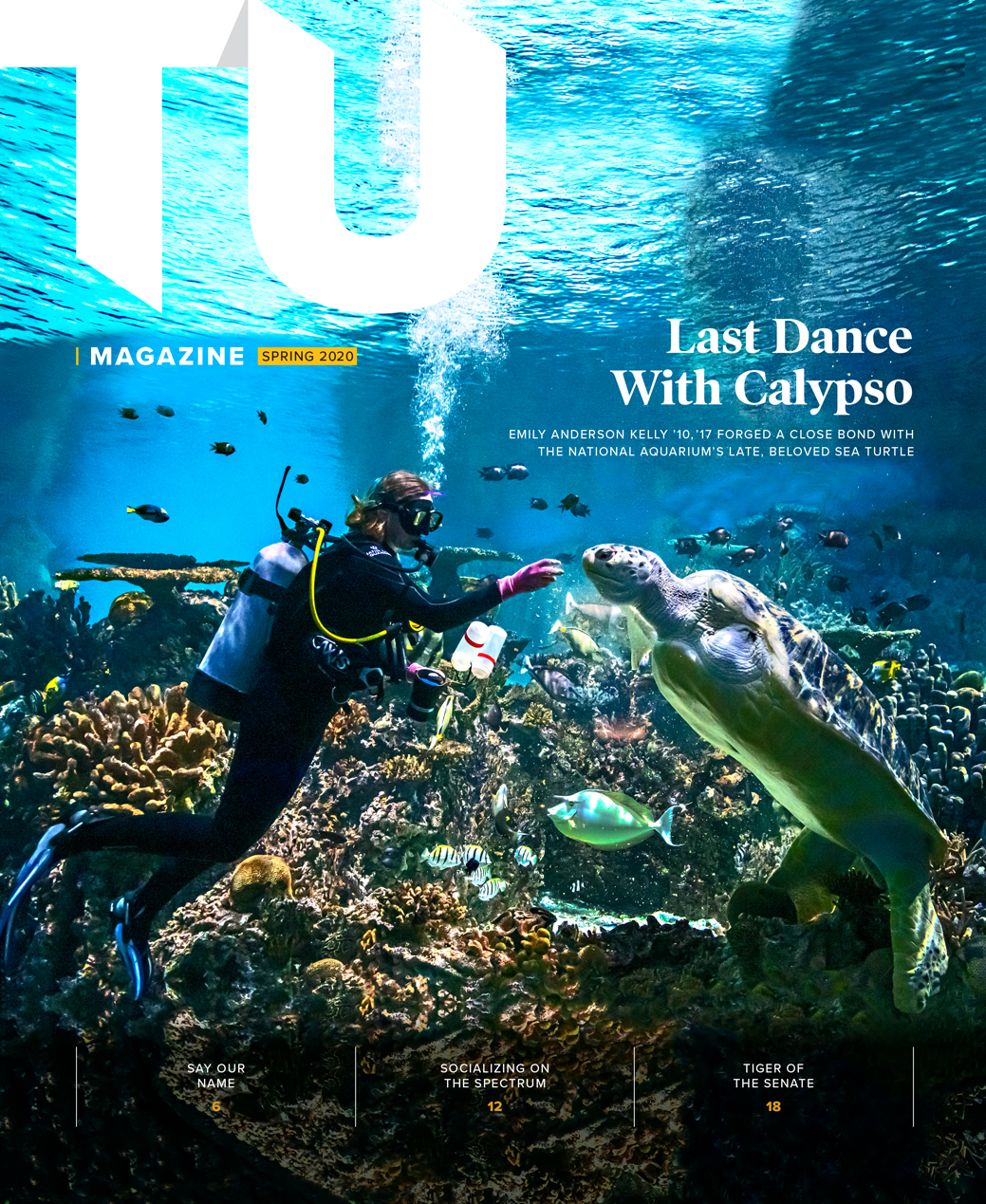 TU Magazine cover spring 2020. Last Dance with Calypso. Emily Anderson Kelly forged a close bond with the National Aquarium's late beloved sea turtle.