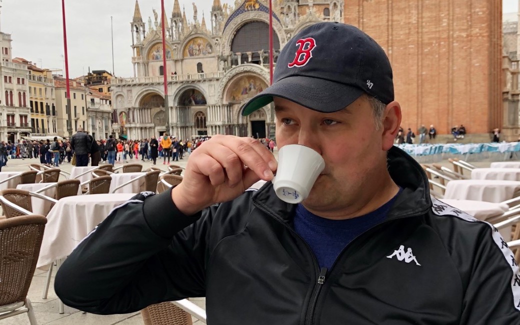 Patrick McQuown drinking coffee