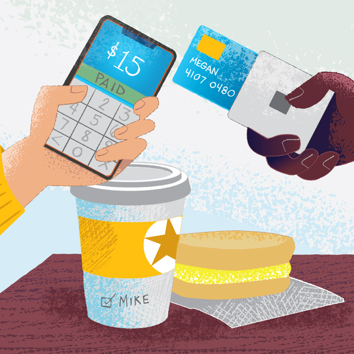 illustration of two hands holding phones, using them to pay for coffee