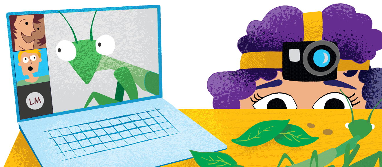 illustration of a person with purple hair wearing a go-pro peeking over a table at an insect next to a laptop