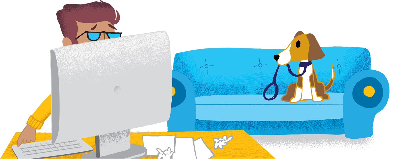 illustration of a person on a desktop computer with dog on the couch behind him
