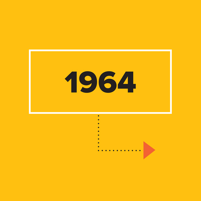 1964  in black on yellow background inside white box with arrow