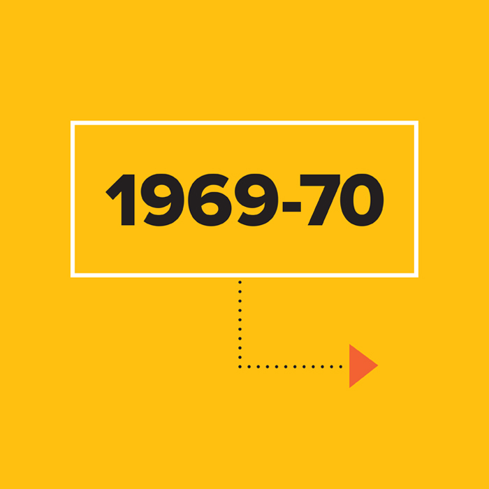 1969-70  in black on yellow background inside white box with arrow