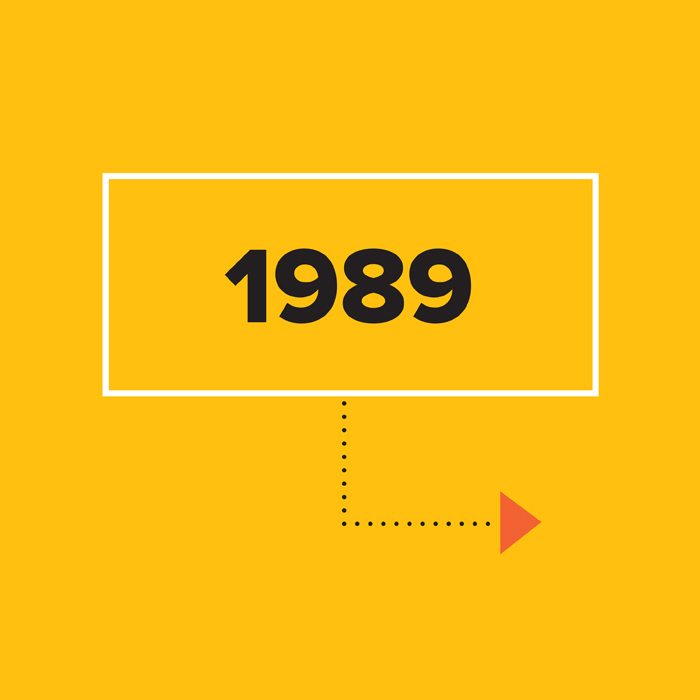 1989  in black on yellow background inside white box with arrow
