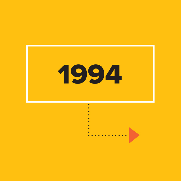 1994 in black on yellow background inside white box with arrow
