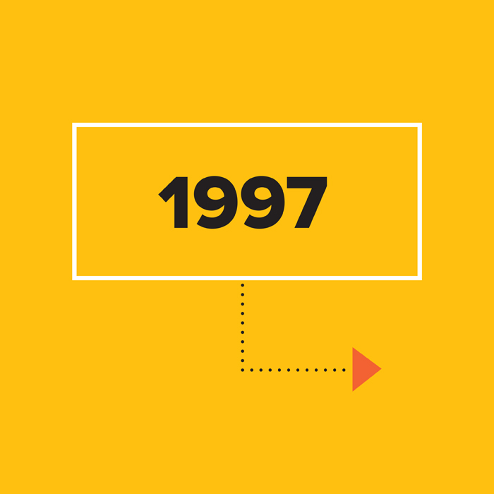1997 in black on yellow background inside white box with arrow