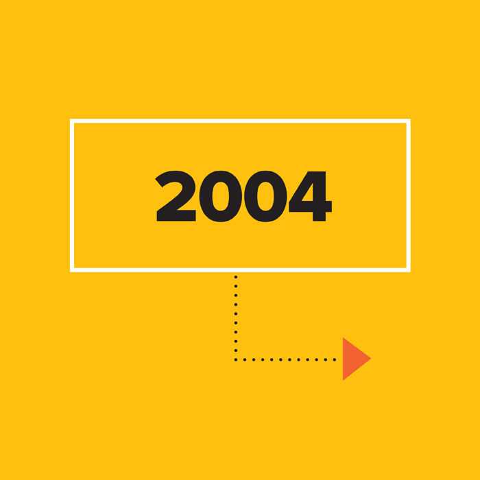 2004 in black on yellow background inside white box with arrow