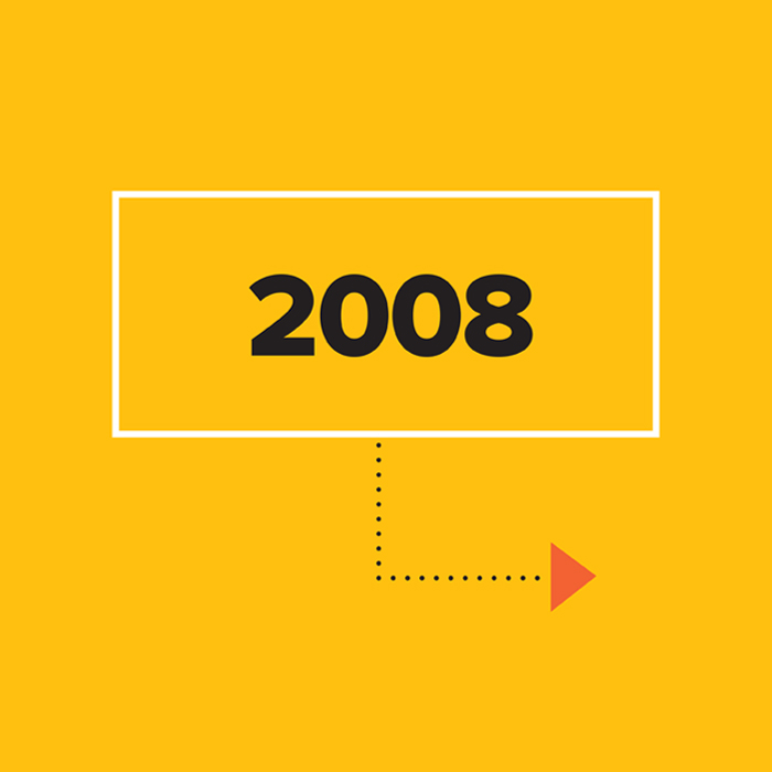 2008 in black on yellow background inside white box with arrow