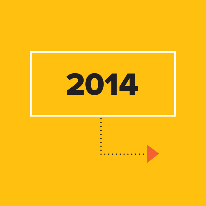 2014 in black on yellow background inside white box with arrow