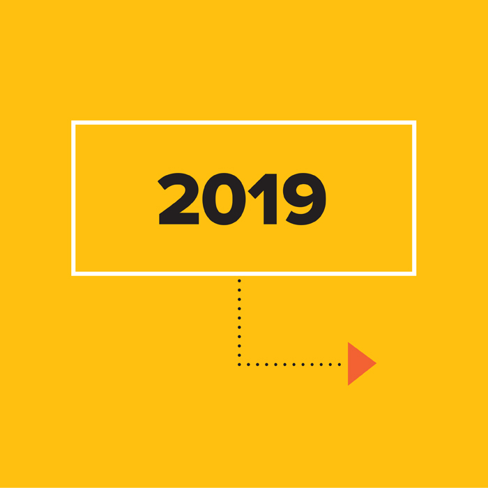2019 in black on yellow background inside white box with arrow