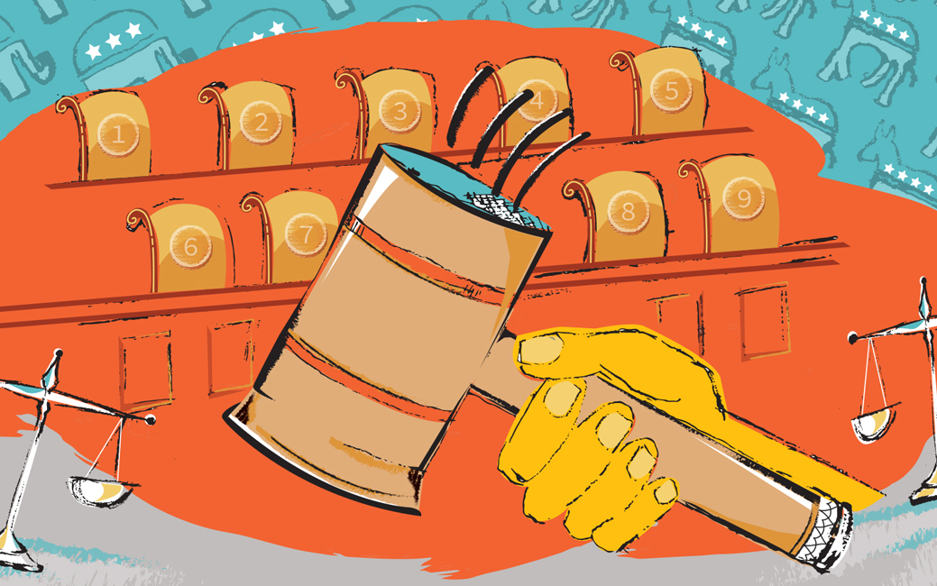 illustration of a hand holding a mallet in front of chairs