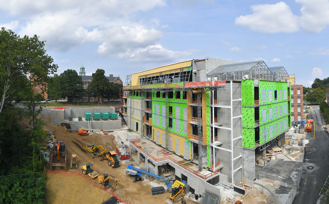 side view of building construction showing Tyvek