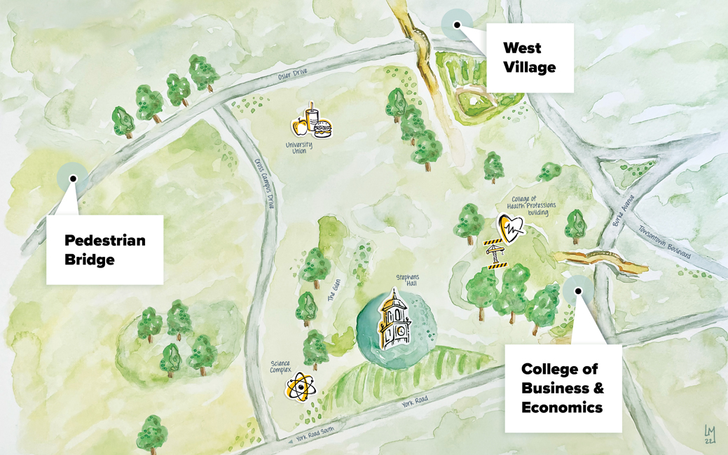 campus master plan illustratration showing locations of West Village, Pedestrian Bridge and College of Health Professions building