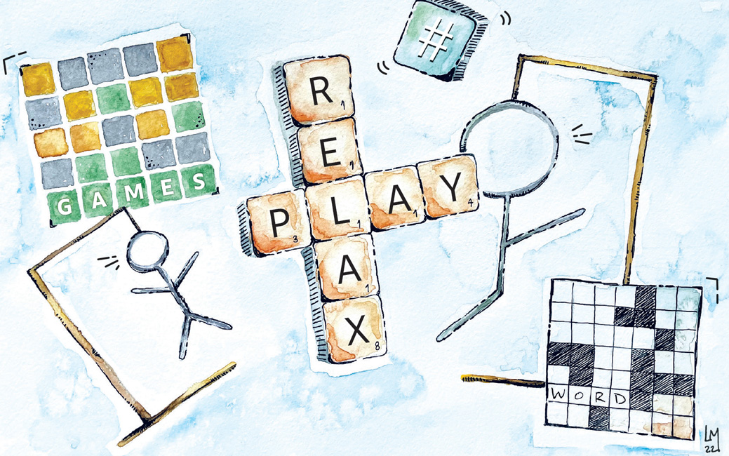 illustrated word games like Wordle, hangman and crossword puzzles