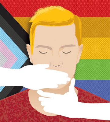 Illustration of hands over mouth, neck of man in front of pride flag