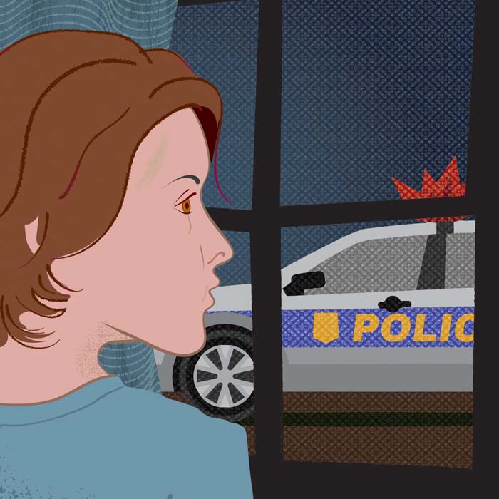 Illustration of a woman looking out a window at a police car
