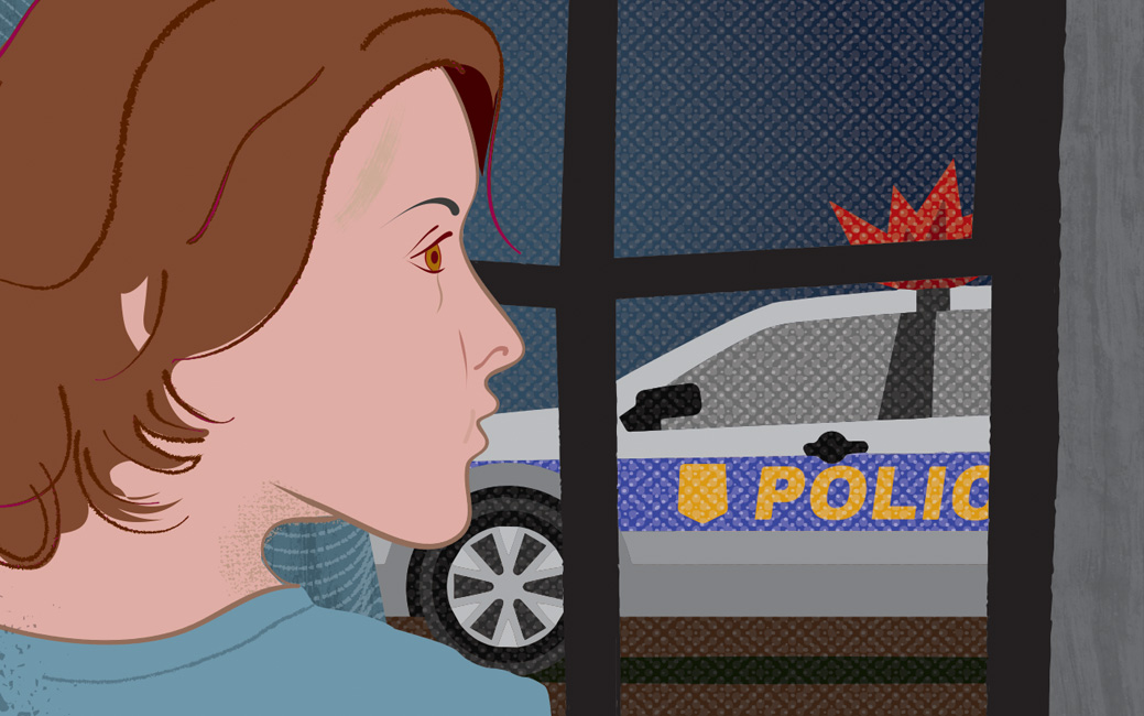 illustrated image of a woman looking out the window at a police car
