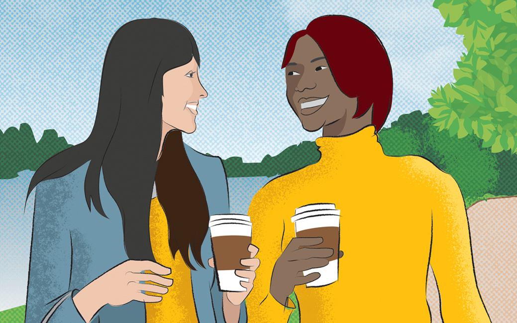 Illustration of two women on a park bench having coffee