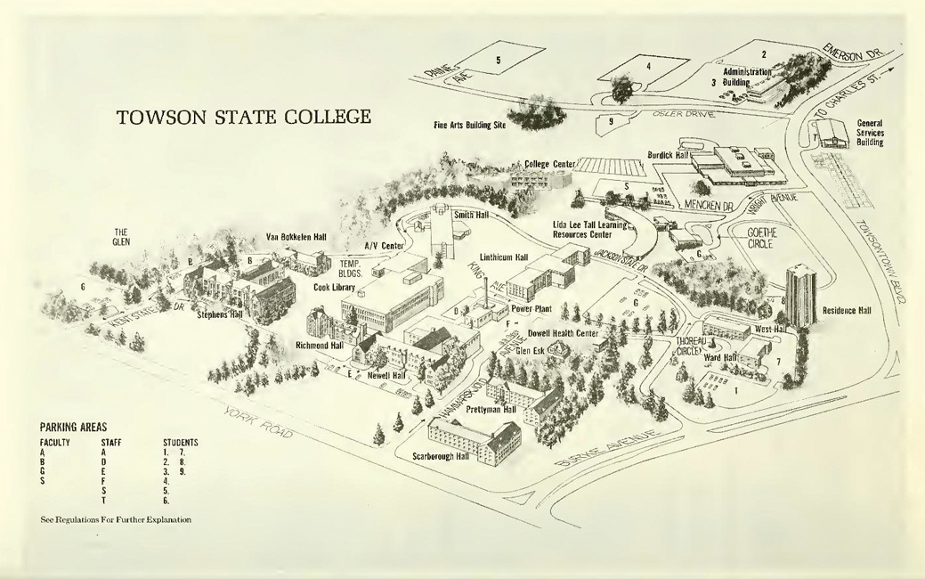 black and white drawing of an old campus street map