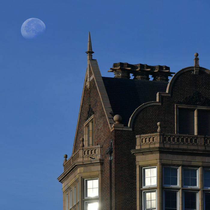Stephens Hall at night with moon