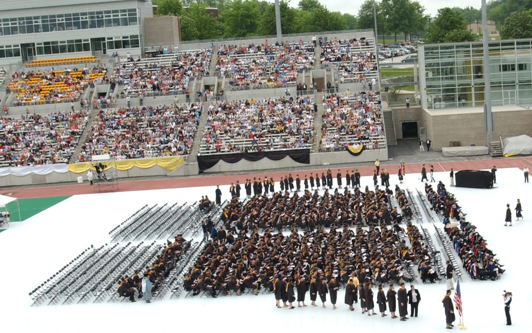 Aerial view of an outdoor Commencement ceremony