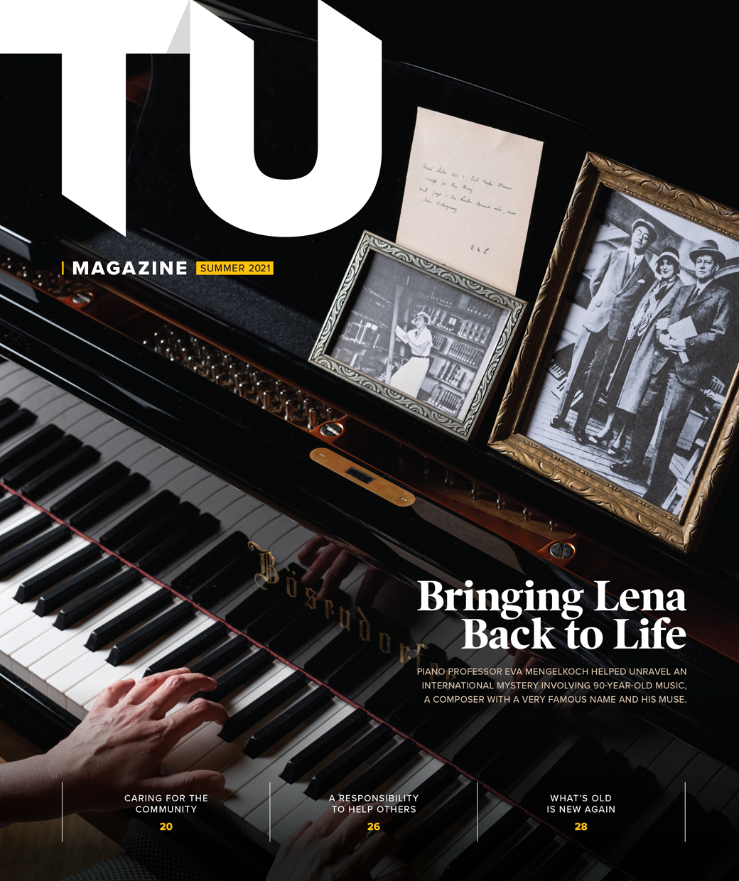 Color image of the cover of the magazine, hands on a piano with text