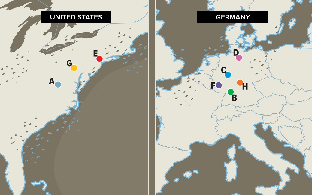 maps of U.S. and Germany with colored dots indicating locations in Germany, England and the U.S.