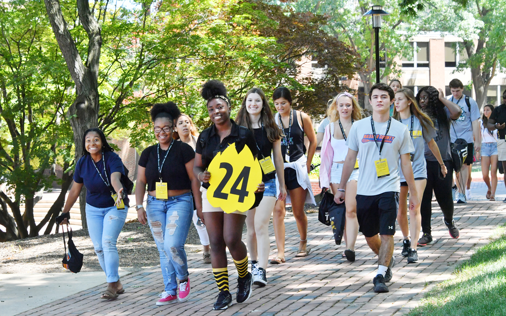 Students walk campus during orientation