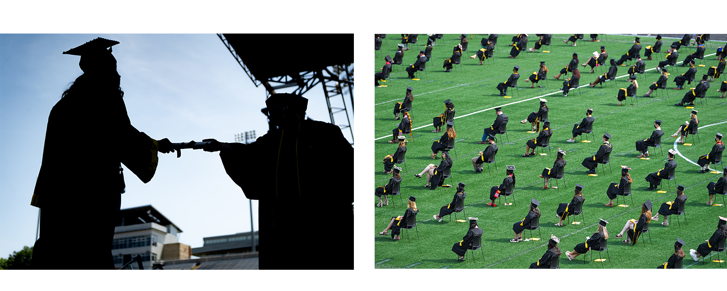 Two images side by side of commencement