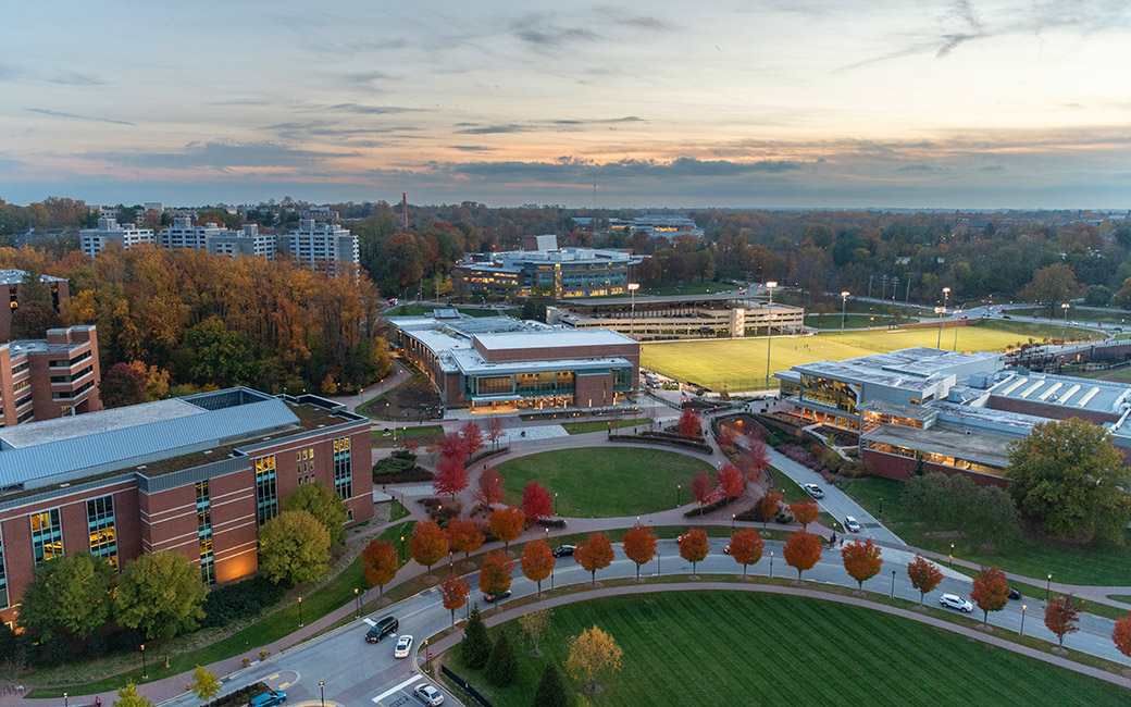 Aerial view of campus in fall