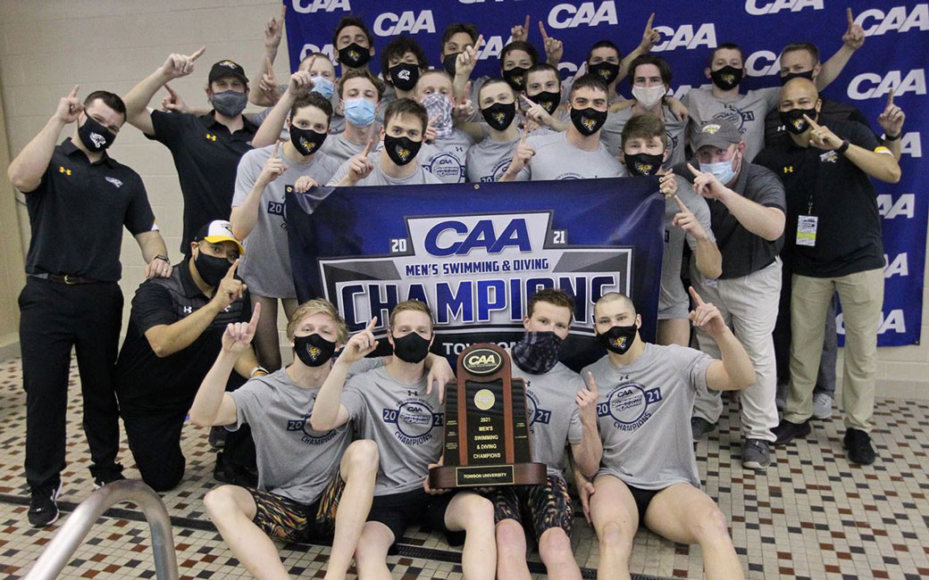 TU Men's Swimming and Diving Team Celebrating their CAA Title Win