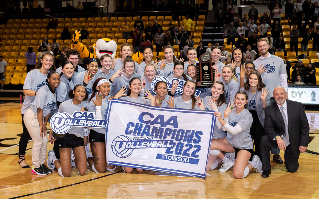 TU Volleyball celebrating their fourth CAA Championship