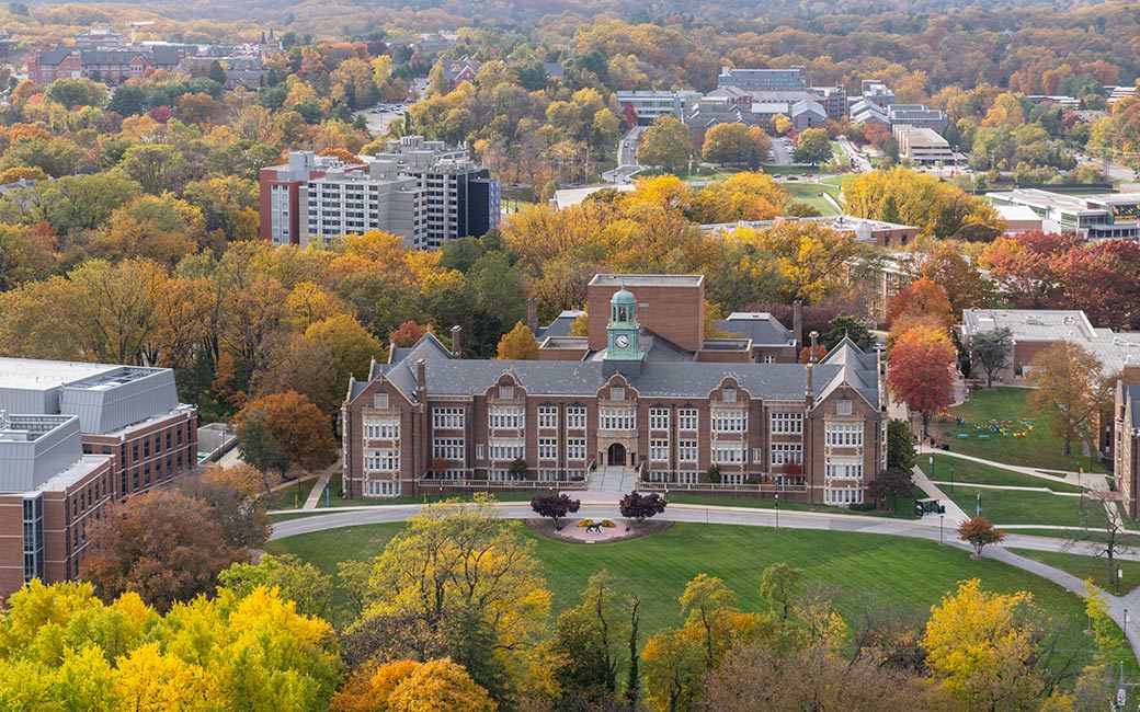 Aerial view of Stephens Hall with fall foliage