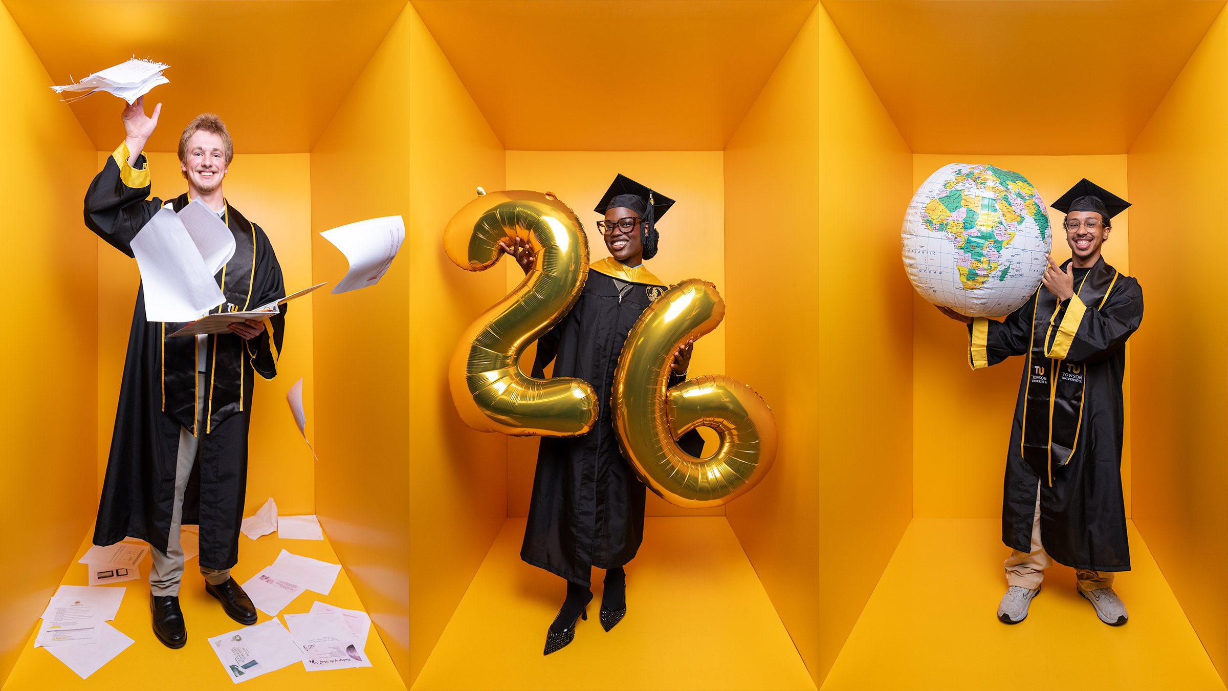 2026 Towson University Spring Graduates Conner Gleaves, Sunmisola Balogun and Yonatan Amare