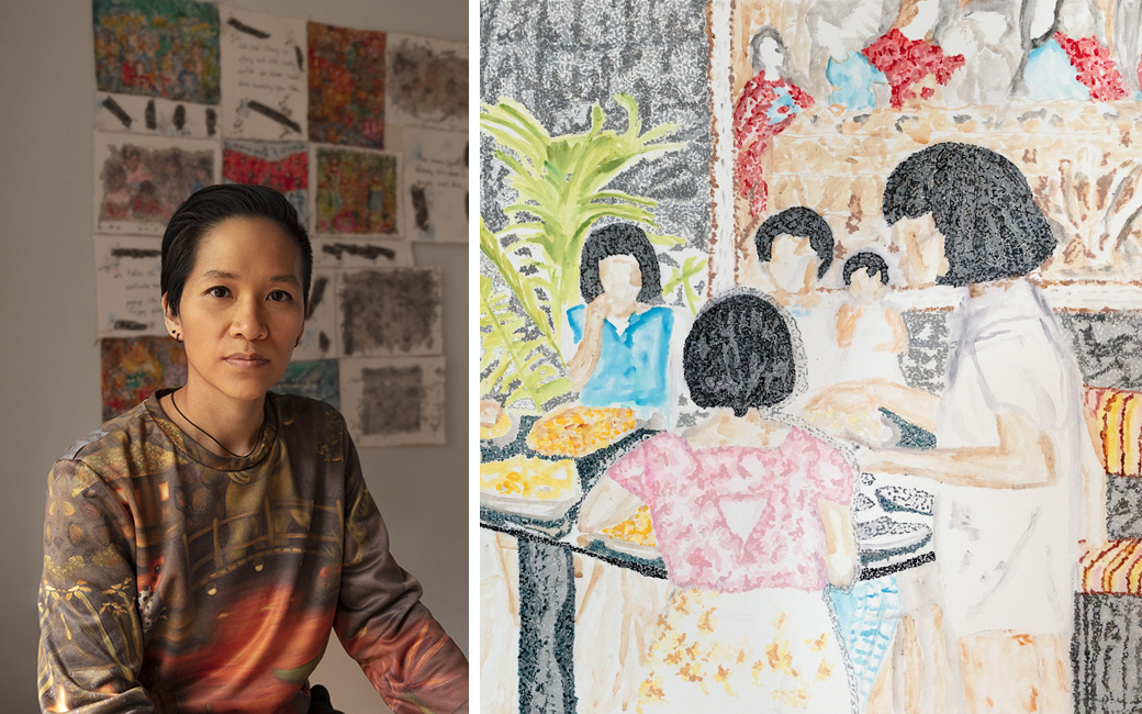 Artist Lek Borja portrait on left with detail of painting depicting people gathering around food on right