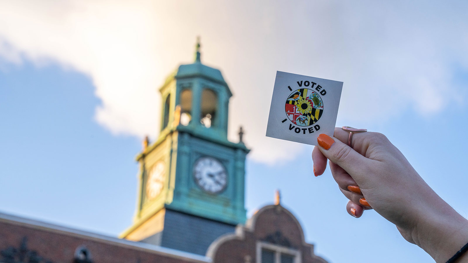 I Voted sticker in front of Stephens Hall