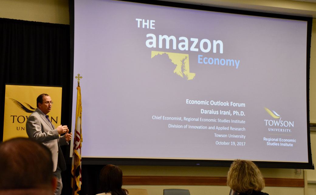 Daraius Irani, Vice President of Innovation and Applied Research at Towson University, presents the economic forecast at Thursday's Economic Outlook Forum. 