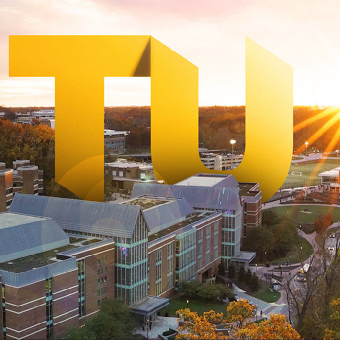 TU brand mark over campus aerial shot