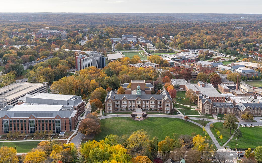 Campus aerial view of Stephens Hall with fall foliage