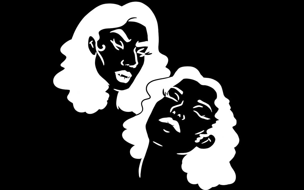 Black and white illustration of vampire women faces