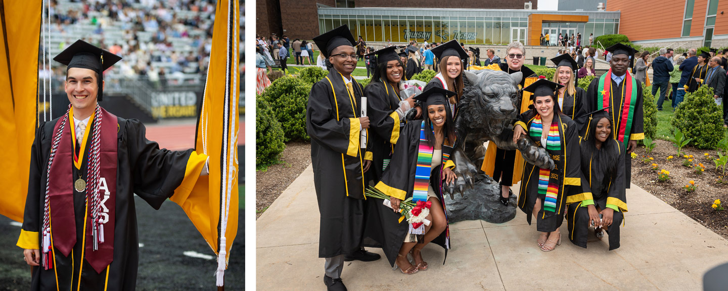 Students posing with the commencement banner and the SECU Arena tiger