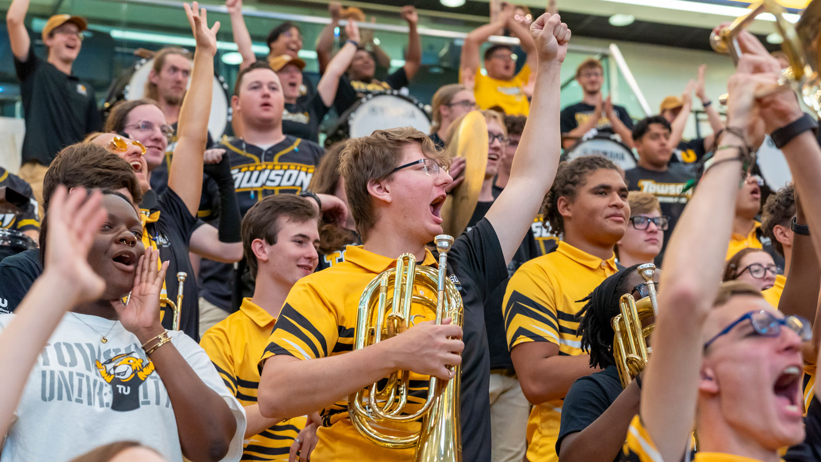 TU pep band shouts the TU Fight Song at new student convocation