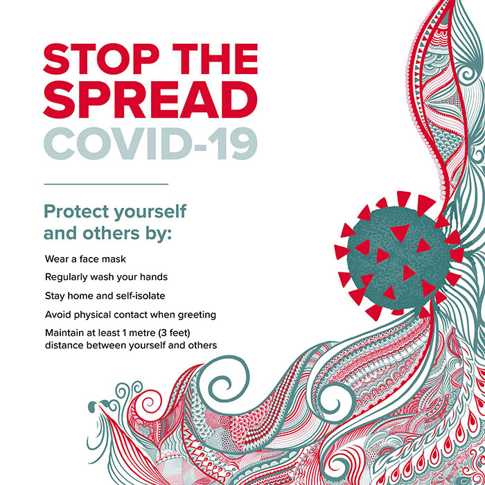 Graphic reads "Stop the spread COVID-19 Protect yourself and others"