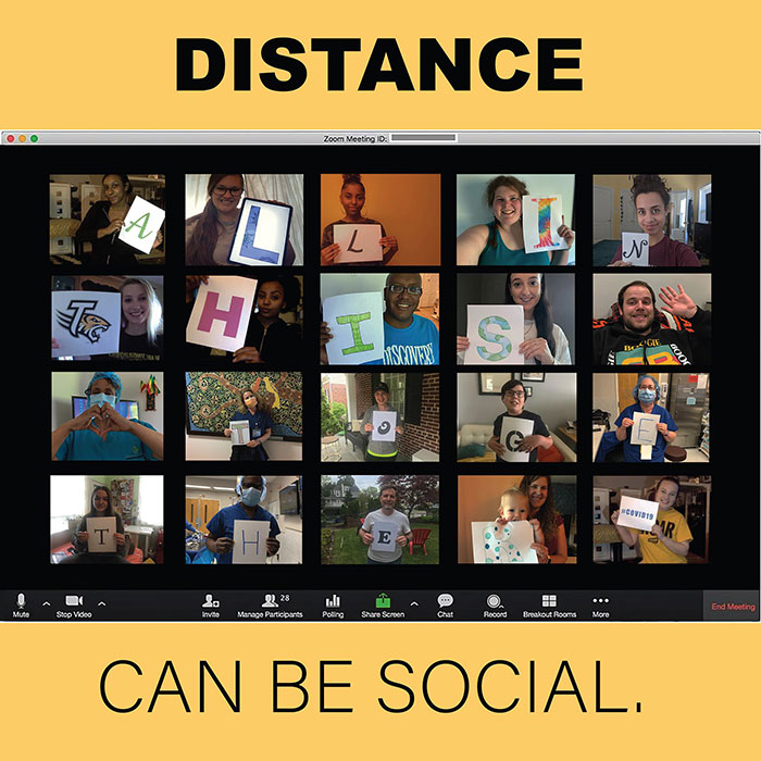 Graphic reads "Distance can be social" with people in a zoom meeting