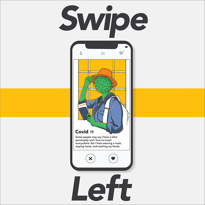 Graphic reads "Swipe left" with what resembles a Tinder profile, with an animated COVID-19 character